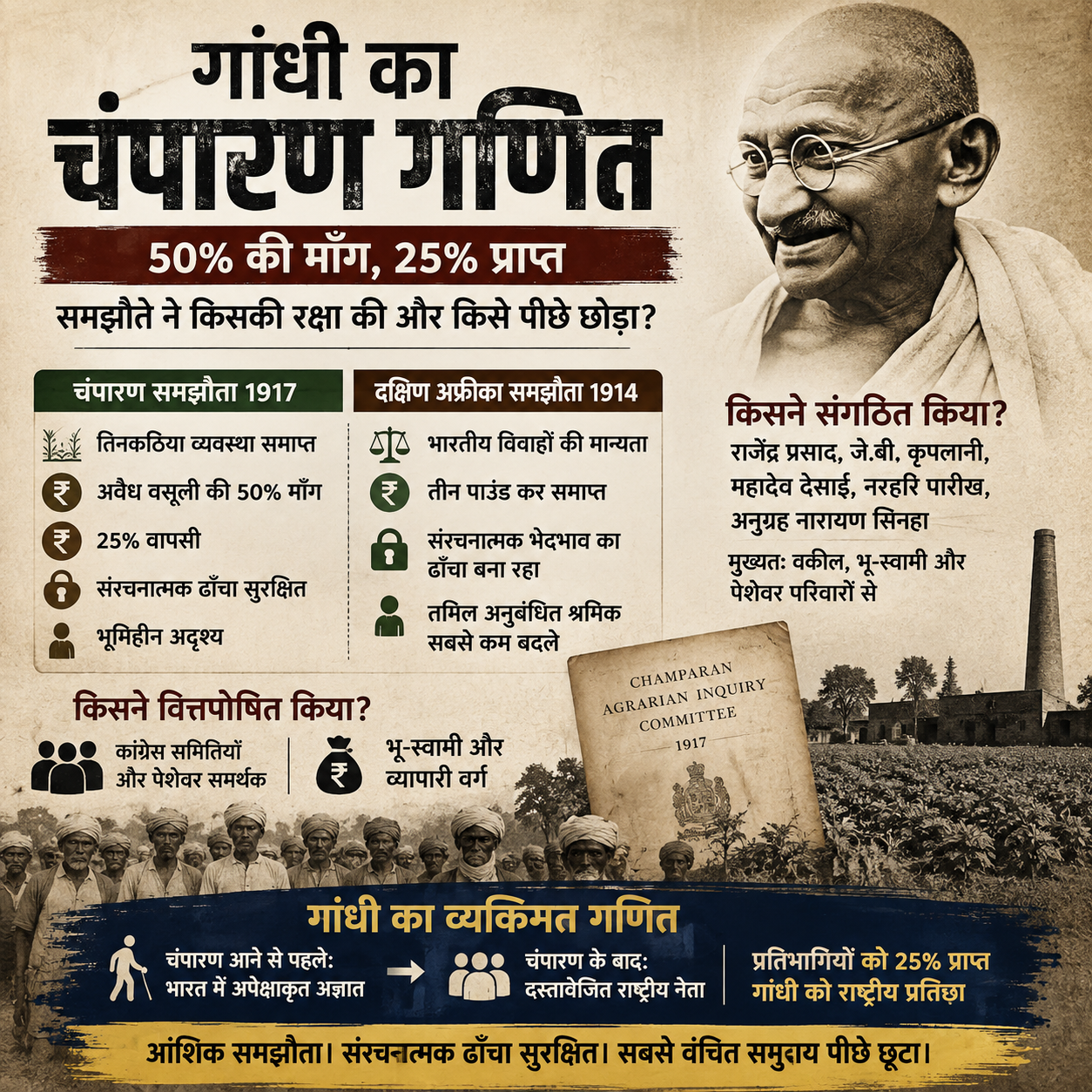 Gandhi, Champaran, Champaran Settlement, Tinkathia System, Champaran Agrarian Inquiry Committee, Indian History, Mahatma Gandhi, Farmers, Zamindari, South Africa, Tamil Indentured Labourers, HinduinfoPedia
