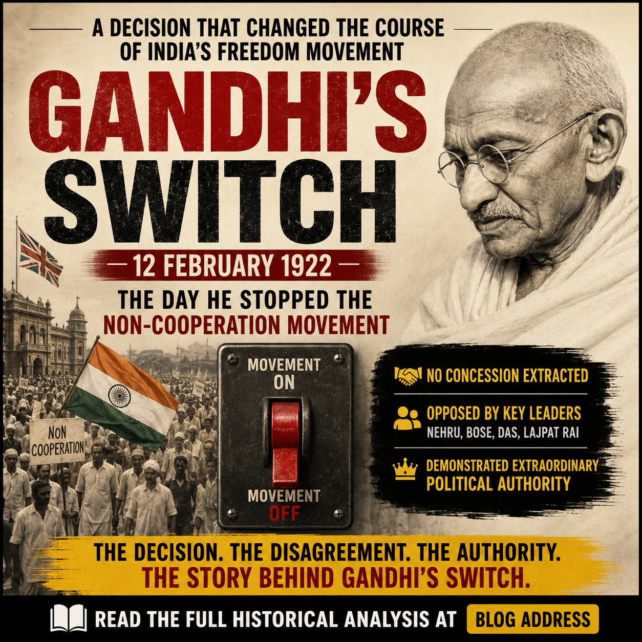 Mahatma Gandhi, Gandhi, Gandhi’s Switch, Non-Cooperation Movement, February 1922, Indian history, Indian freedom movement, British Raj, political authority, nationalist movement, historical India, Gandhi leadership, mass mobilisation, HinduinfoPedia
