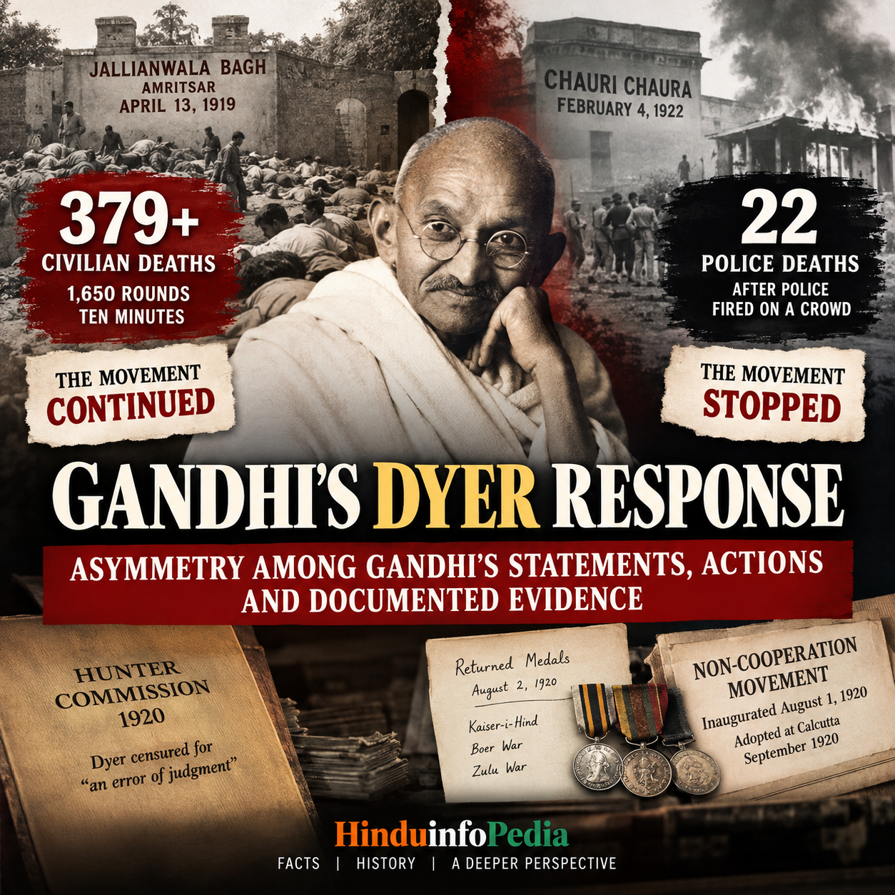 Mahatma Gandhi, Gandhi, Jallianwala Bagh, Amritsar Massacre, General Dyer, Reginald Dyer, Chauri Chaura, Hunter Commission, Rowlatt Satyagraha, Non-Cooperation Movement, Indian history, British India, Gandhi's response, historical evidence, documented evidence, Gandhi and violence, political history, colonial India, HinduinfoPedia