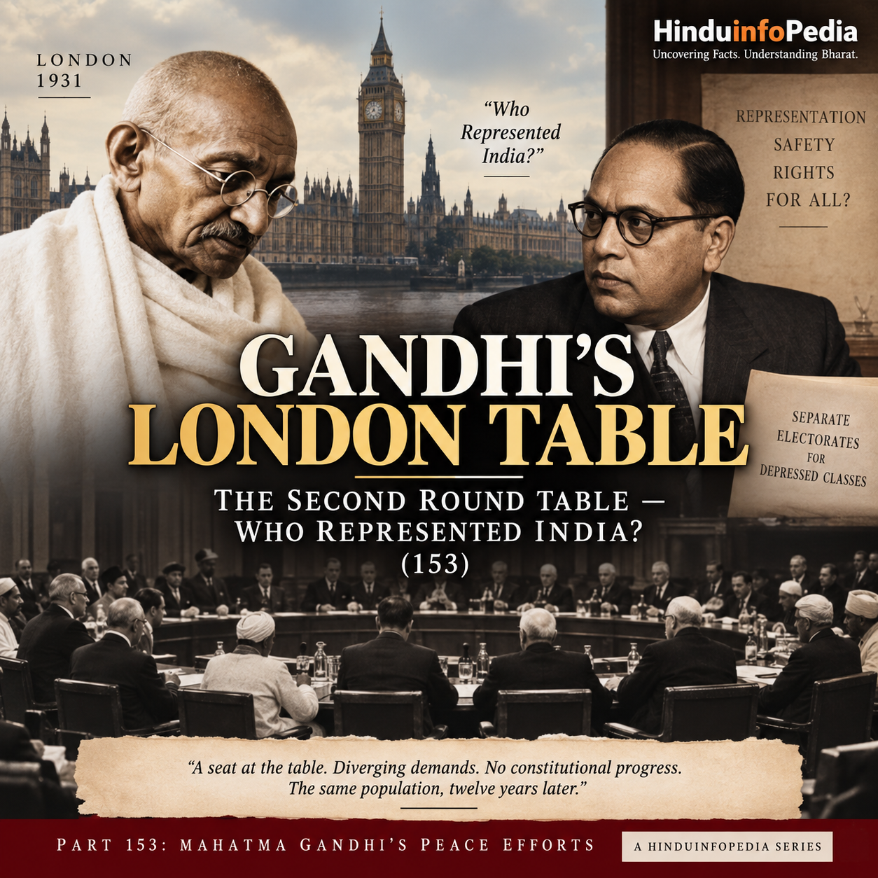 Gandhi, B. R. Ambedkar, London 1931, Second Round Table Conference, Gandhi-Irwin Pact, Congress, Depressed Classes, Separate Electorates, Indian History, Constitutional Reform, Jallianwala Bagh, Civil Disobedience Movement, HinduinfoPedia
