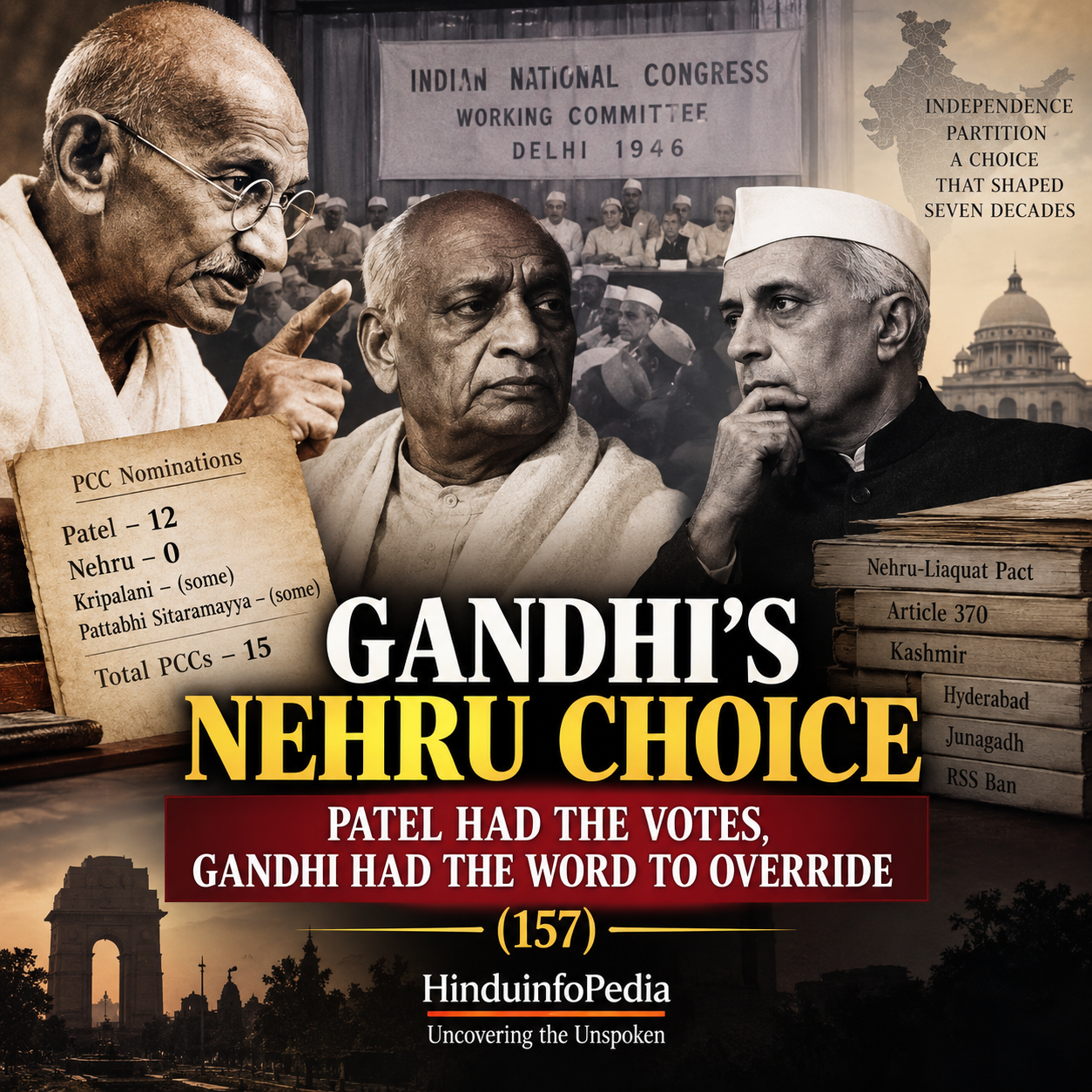 Gandhi, Nehru, Patel, Congress, 1946 Congress, Congress President, PCC Nominations, Indian Independence, Partition, Political Succession, Gandhi Nehru Choice, HinduinfoPedia
