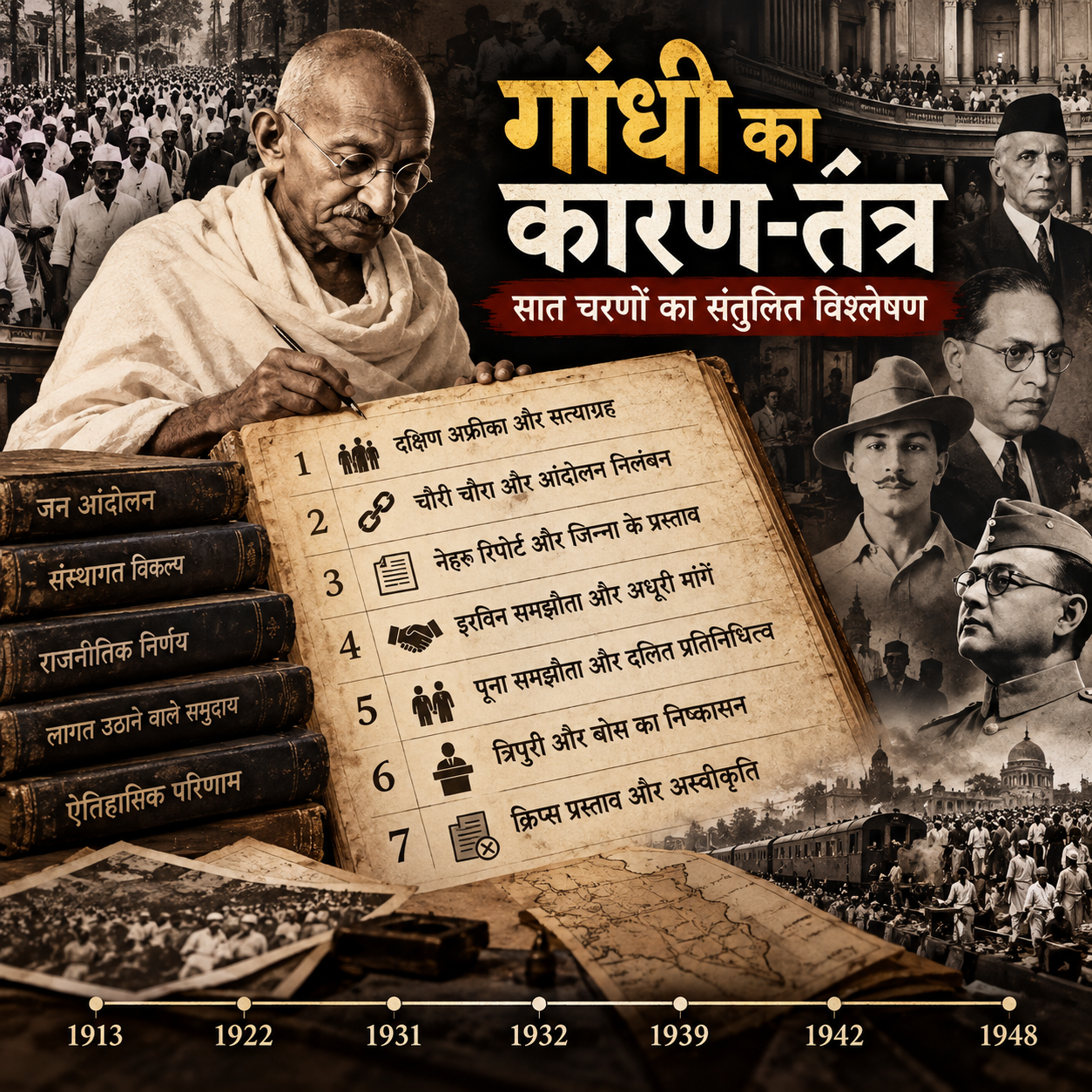 Gandhi, Mahatma Gandhi, गांधी, गांधी का कारण तंत्र, भारतीय इतिहास, India History, Indian Independence, स्वतंत्रता आंदोलन, सत्याग्रह, जन आंदोलन, राजनीतिक निर्णय, संस्थागत विकल्प, संरचनात्मक निर्णायक बिंदु, इरविन समझौता, पूना समझौता, क्रिप्स प्रस्ताव, त्रिपुरी, सुभाष चंद्र बोस, विभाजन, ऐतिहासिक रिकॉर्ड, HinduinfoPedia