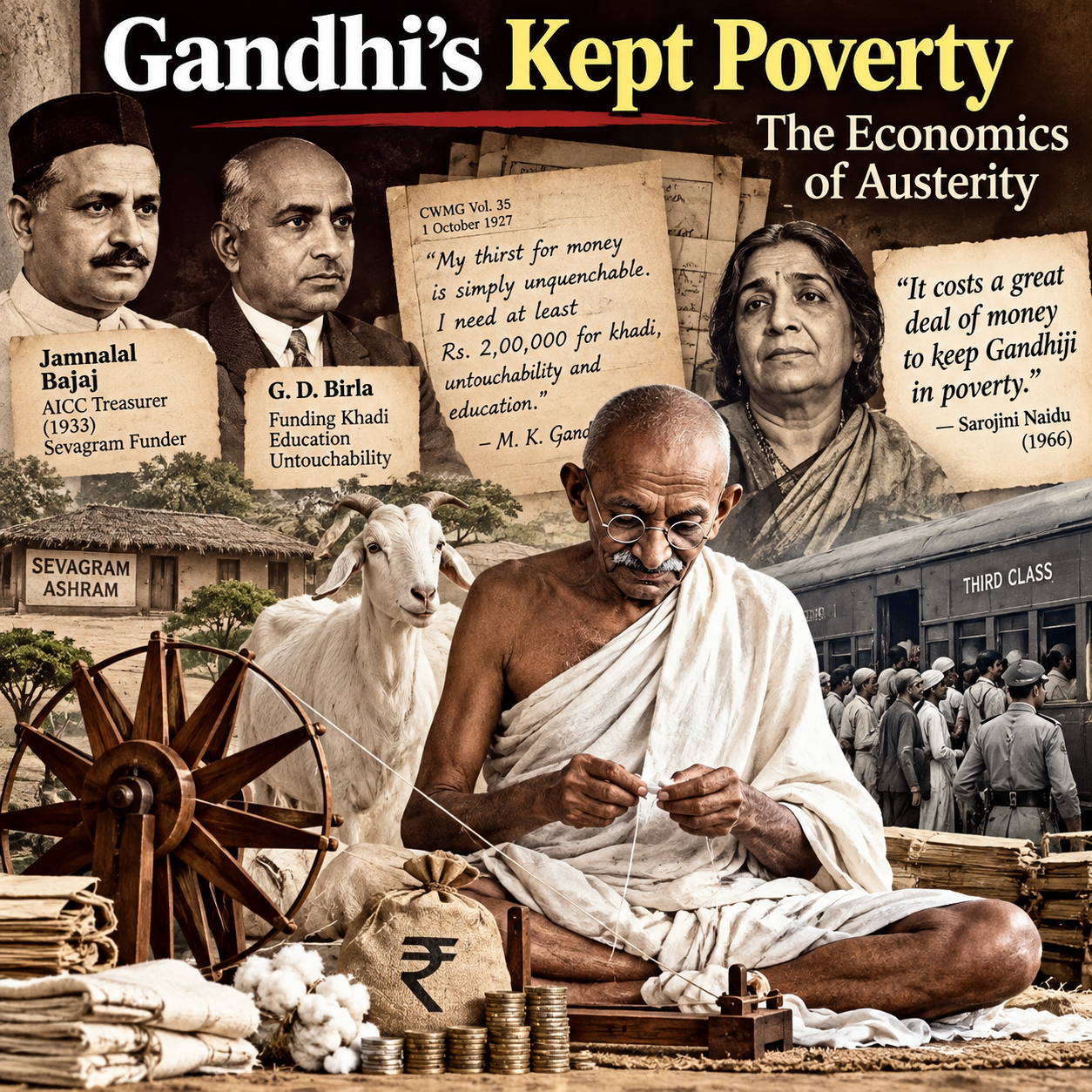 Gandhi, Mahatma Gandhi, Gandhi Austerity, Gandhi Poverty, Jamnalal Bajaj, G D Birla, Sarojini Naidu, Sevagram Ashram, Khadi, Charkha, Indian History, Indian Independence, Congress, Third Class Railway, Political Patronage, HinduinfoPedia
