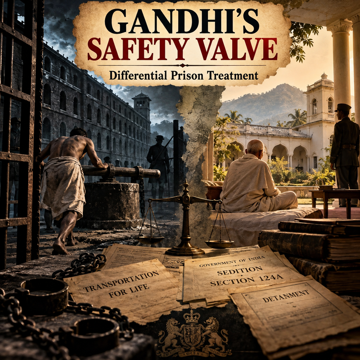 Gandhi, Gandhi’s Safety Valve, Differential Prison Treatment, Savarkar, Colonial India, British Rule, Indian Freedom Movement, Cellular Jail, Aga Khan Palace, Sedition, Indian History, Colonial Administration, Political Prisoners, HinduinfoPedia