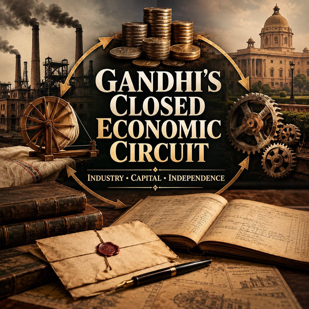 Gandhi’s Closed Economic Circuit, Mahatma Gandhi, G D Birla, Jamnalal Bajaj, Tata Industries, Indian Industrial History, British Tariff Protection, Indian Capitalism, Industrial Capital, Economic History of India, Gandhian Institutions, Trusteeship, Indian Independence, Colonial Economy, Private Ownership, Historical Documents, Political Economy, HinduinfoPedia