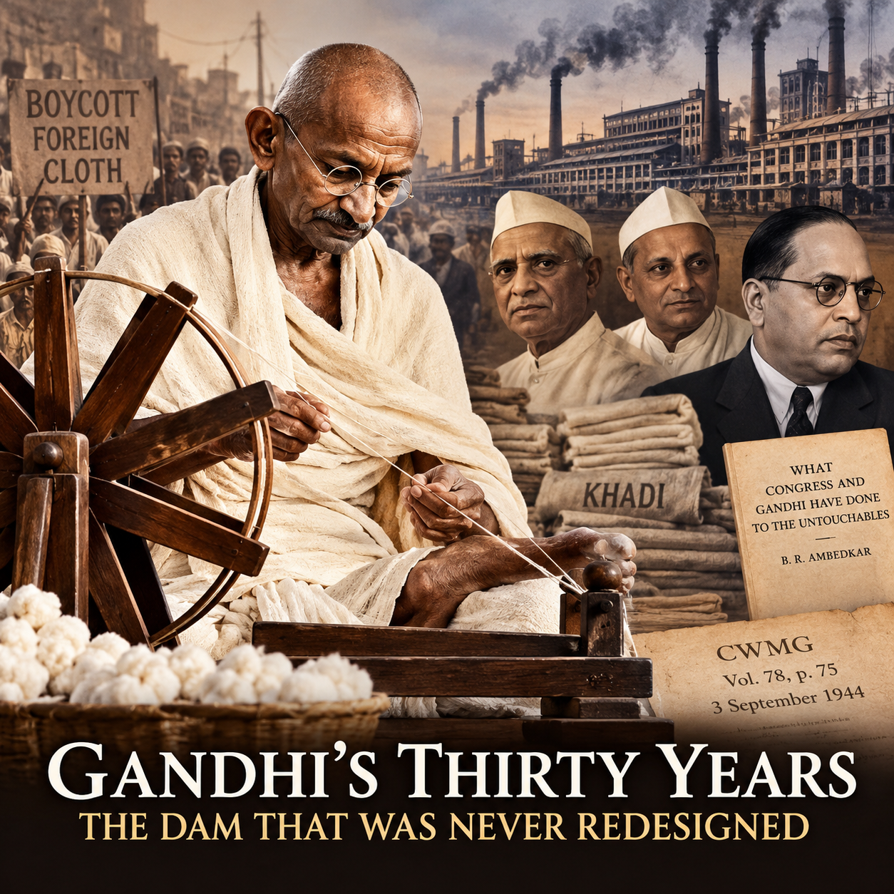 Mahatma Gandhi, Gandhi’s Thirty Years, Charkha, Khadi, Swadeshi Movement, Indian History, Indian Independence, Economic History, Textile Industry, All India Spinners Association, G D Birla, Jamnalal Bajaj, B R Ambedkar, Constructive Programme, Economic Self-Sufficiency, HinduinfoPedia