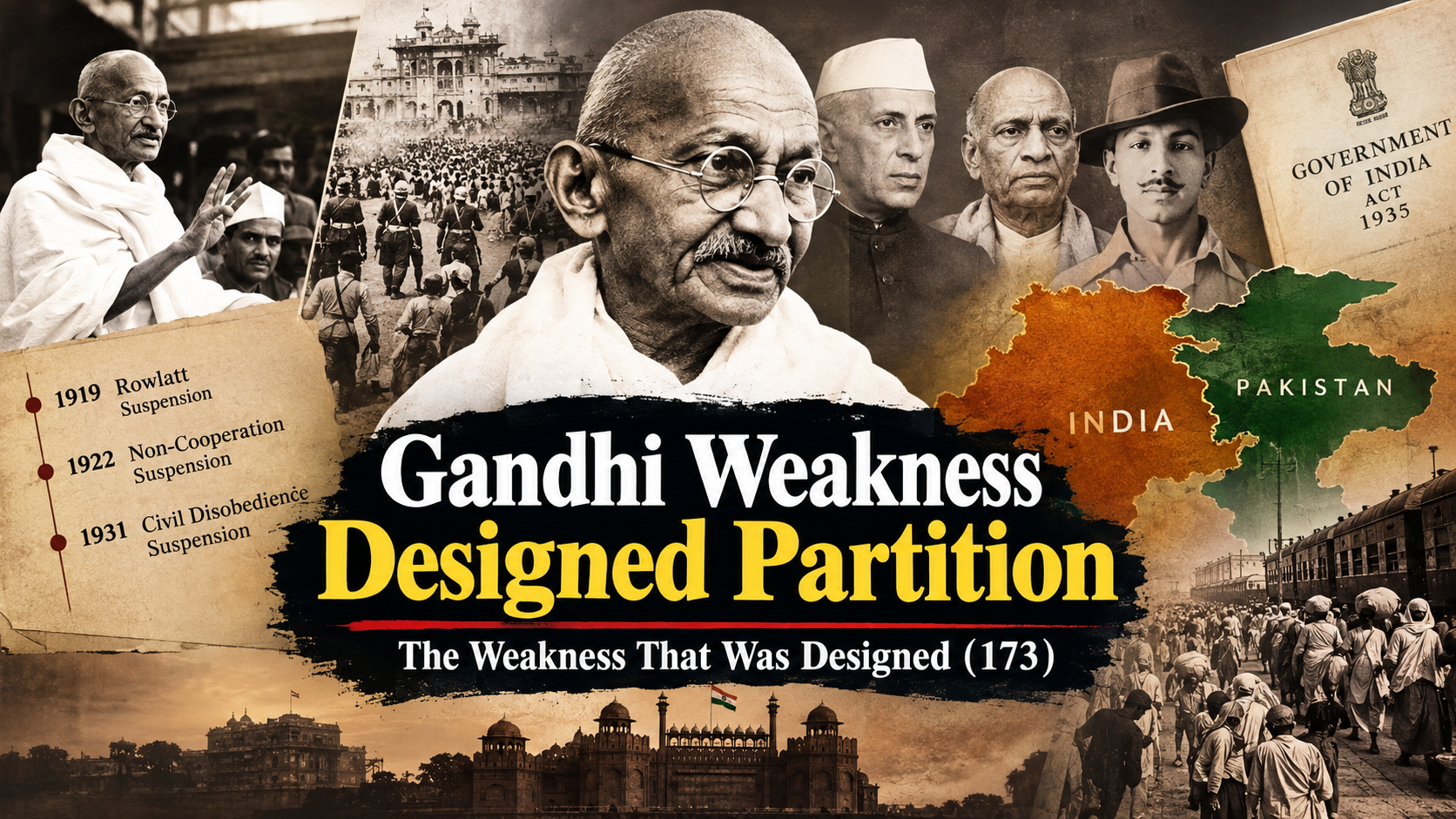 Mahatma Gandhi, Gandhi and Partition of India, The Weakness That Was Designed, Gandhi’s Thirty Years, Indian Independence 1947, Partition of India, Rowlatt Satyagraha 1919, Non-Cooperation Movement 1922, Civil Disobedience Movement 1931, Gandhi-Irwin Pact 1931, Jawaharlal Nehru, Sardar Vallabhbhai Patel, Muhammad Ali Jinnah, Bhagat Singh, Government of India Act 1935, Dominion Status, British India Partition, HinduinfoPedia