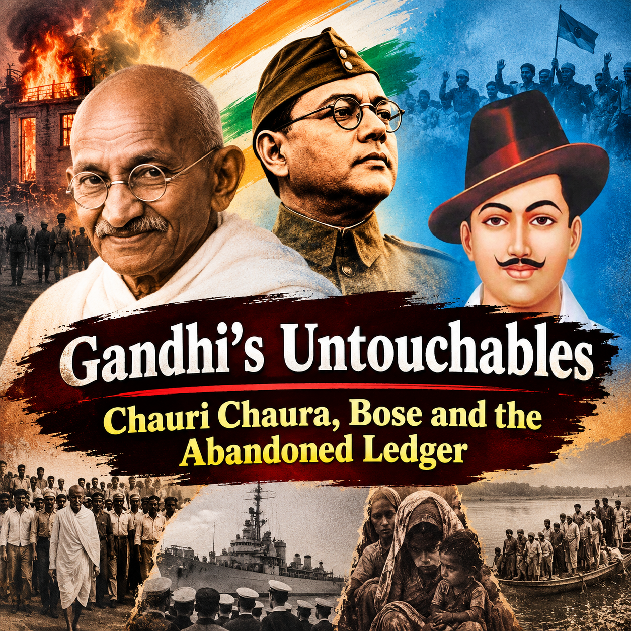 Mahatma Gandhi, Subhas Chandra Bose, Bhagat Singh, Chauri Chaura, Indian freedom struggle, Non-Cooperation Movement, Indian National Army, Royal Indian Navy Mutiny, Gandhi-Irwin Pact, Indian independence, historical accountability, HinduInfoPedia