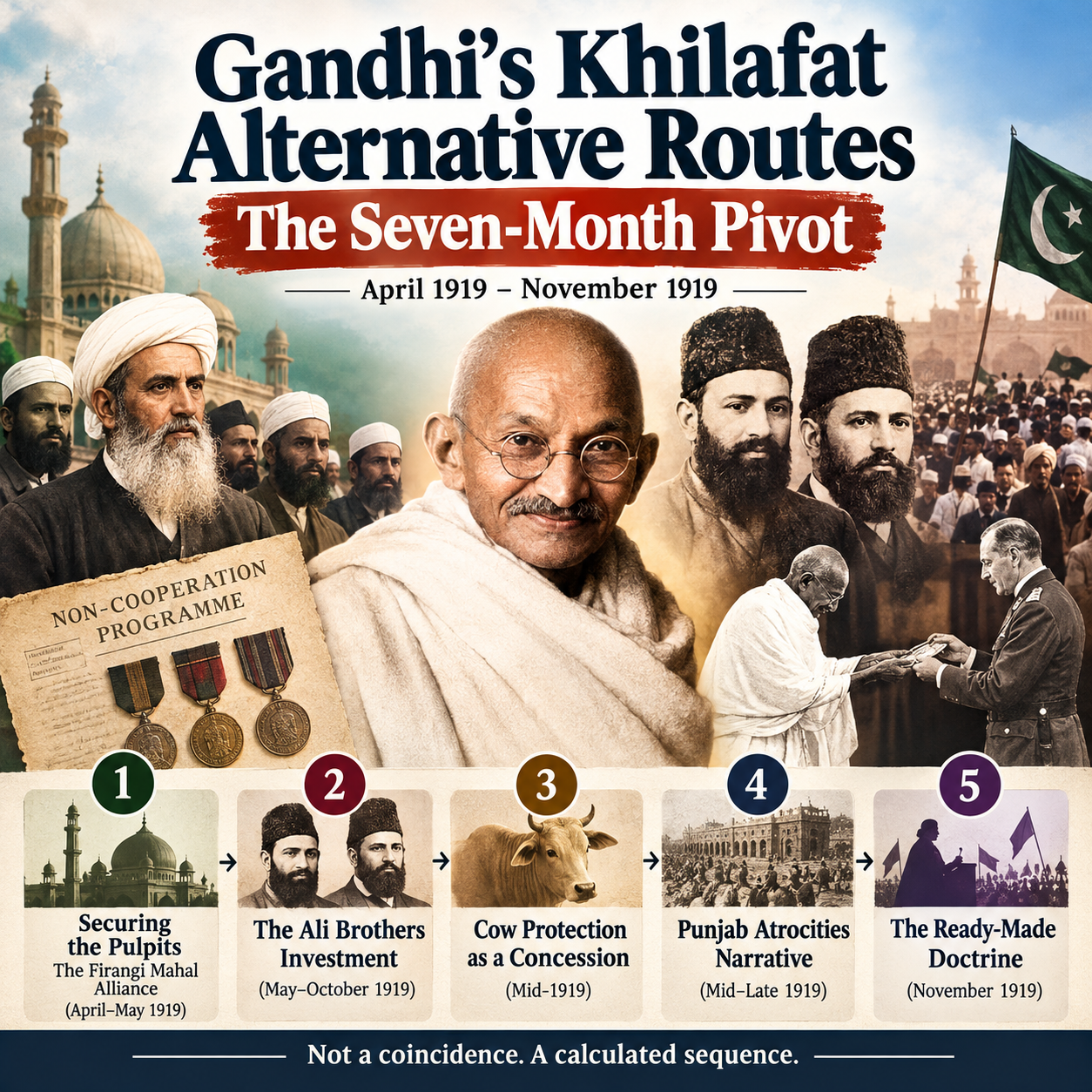 Gandhi, Khilafat Movement, Mahatma Gandhi, Ali Brothers, Maulana Abdul Bari, Firangi Mahal, Non-Cooperation Movement, Indian Independence History, Punjab Inquiry 1919, Jallianwala Bagh, Hindu-Muslim Unity, Indian National Congress, British Colonial Rule, Gandhi Political Strategy, Seven-Month Pivot, HinduInfoPedia