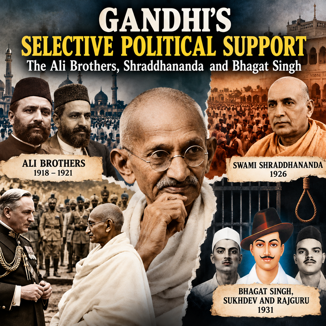 Mahatma Gandhi, Gandhi’s Political Strategy, Selective Political Support, Ali Brothers, Khilafat Movement, Non-Cooperation Movement, Swami Shraddhananda, Bhagat Singh, Sukhdev, Rajguru, Indian Freedom Struggle, Indian National Congress, Gandhi-Irwin Pact, British Colonial Rule, Indian History, Political Influence, Ahimsa, Revolutionary Movement, Historical Analysis, HinduinfoPedia